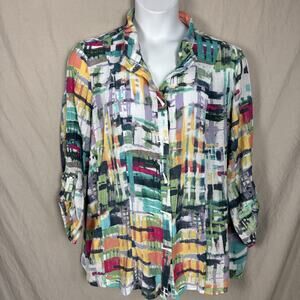 Ali Miles Womens 3X Watercolor Buttons Geometric Shirt Metal Collar Top Tunic